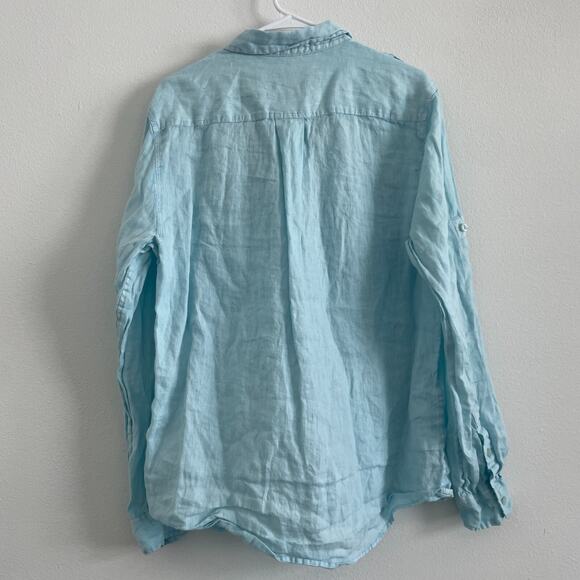 Saks Fifth Avenue Button Up Shirt Men L Mint Blue Linen Slim Fit Roll Tab Resort - Picture 2 of 8